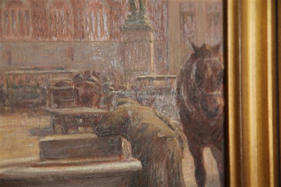 § Alessandro Viazzi (1872-1956), oil on board, Piazza with figures at a fountain